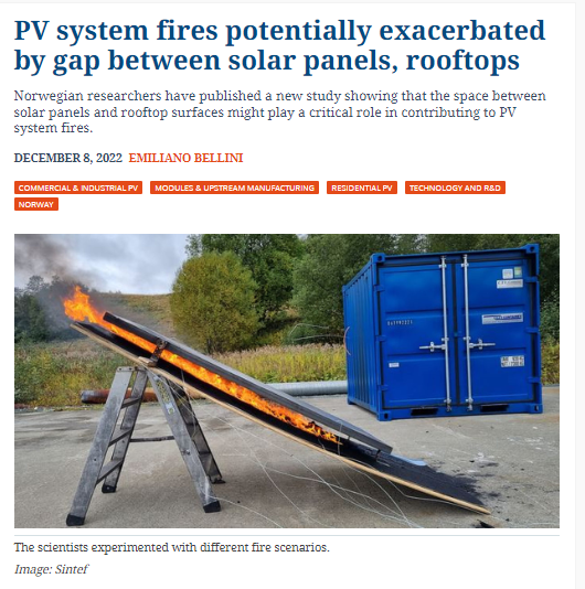 PV system fires potentially exacerbated by gap between solar panels, rooftops